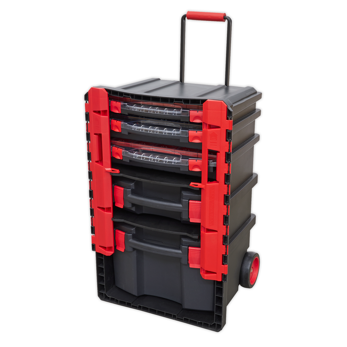 A Sealey Professional Mobile Toolbox with 5 Removable Storage Cases – AP860, featuring a retractable handle and finished in black and red.