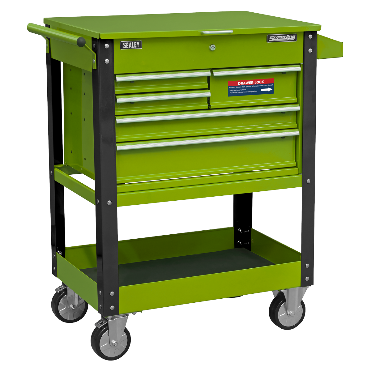 Heavy-Duty Mobile Tool & Parts Trolley with 5 Drawers and Lockable Top- Hi-Vis Green - AP890MHV - Farming Parts