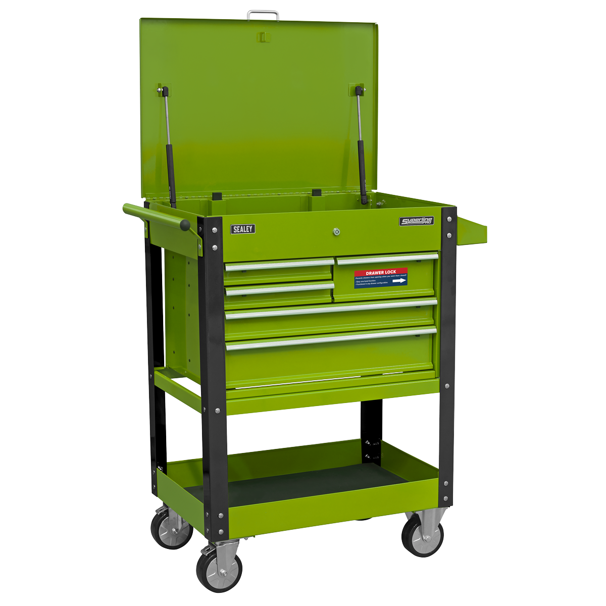 Heavy-Duty Mobile Tool & Parts Trolley with 5 Drawers and Lockable Top- Hi-Vis Green - AP890MHV - Farming Parts