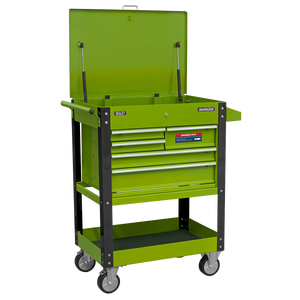 Heavy-Duty Mobile Tool & Parts Trolley with 5 Drawers and Lockable Top- Hi-Vis Green - AP890MHV - Farming Parts