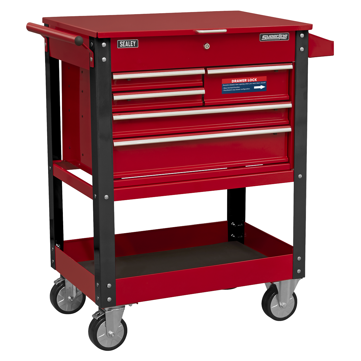 A Sealey Heavy-Duty Mobile Tool & Parts Trolley with 5 drawers and a lockable top, mounted on four caster wheels, perfect for efficient tool storage.