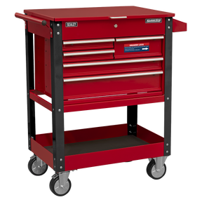 A Sealey Heavy-Duty Mobile Tool & Parts Trolley with 5 drawers and a lockable top, mounted on four caster wheels, perfect for efficient tool storage.
