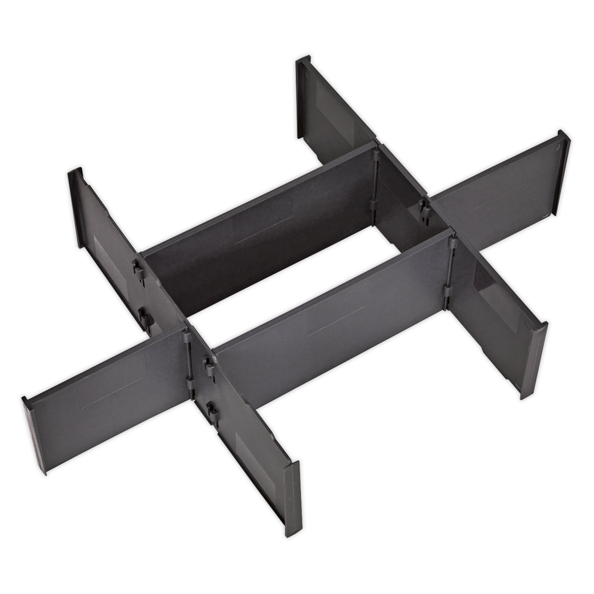 This image shows a black, plastic modular drawer divider with intersecting sections forming an "X" shape, designed to organize and separate items in a toolbox. The Sealey AP8D6, compatible with models AP8130 and AP8150, features durable polypropylene dividers for enhanced organization and longevity.