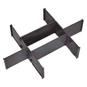 This image shows a black, plastic modular drawer divider with intersecting sections forming an "X" shape, designed to organize and separate items in a toolbox. The Sealey AP8D6, compatible with models AP8130 and AP8150, features durable polypropylene dividers for enhanced organization and longevity.