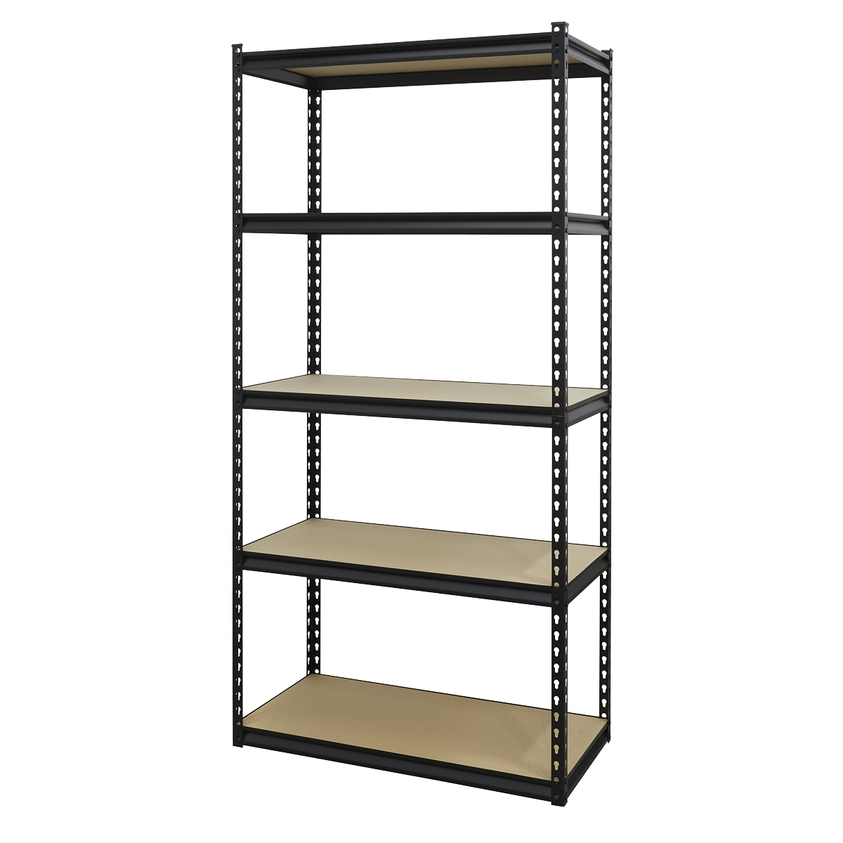 The Sealey Racking Unit with 5 Shelves (AP900R) is a freestanding black metal shelving unit featuring a boltless design. It includes five beige shelves, supported by a sturdy steel frame rack, and is capable of holding up to 340kg per level.