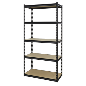The Sealey Racking Unit with 5 Shelves (AP900R) is a freestanding black metal shelving unit featuring a boltless design. It includes five beige shelves, supported by a sturdy steel frame rack, and is capable of holding up to 340kg per level.