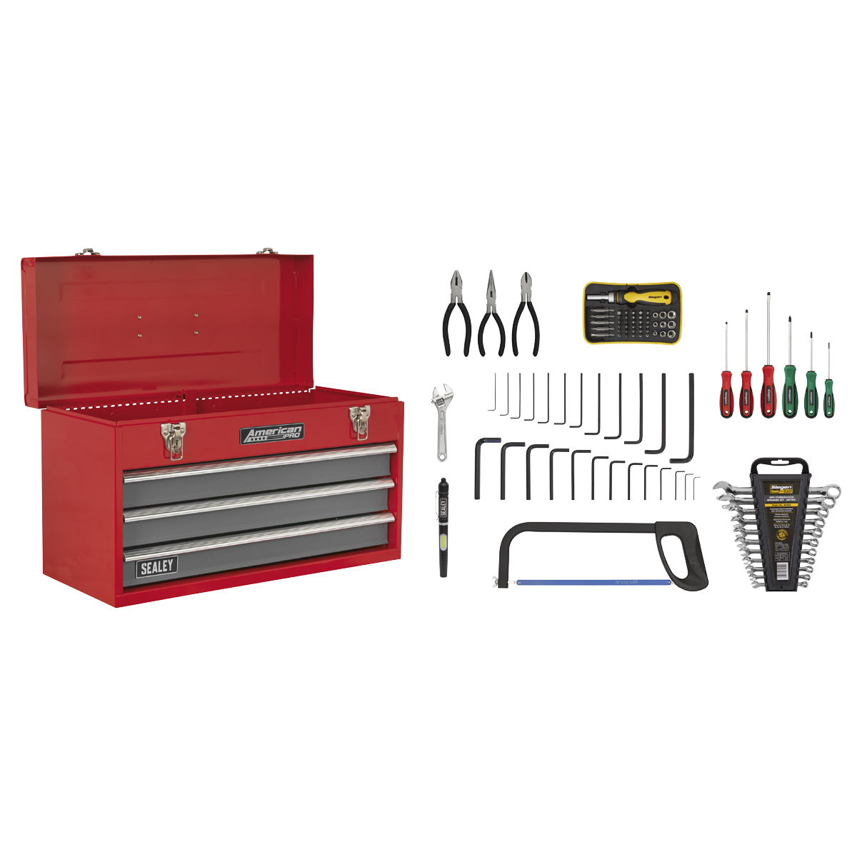 Portable Tool Chest 3 Drawer with Ball-Bearing Slides - Red/Grey & 93pc Tool Kit - AP9243BBCOMBO - Farming Parts