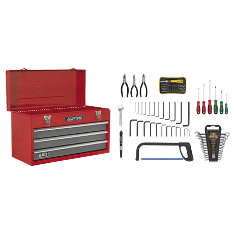 Portable Tool Chest 3 Drawer with Ball-Bearing Slides - Red/Grey & 93pc Tool Kit - AP9243BBCOMBO - Farming Parts