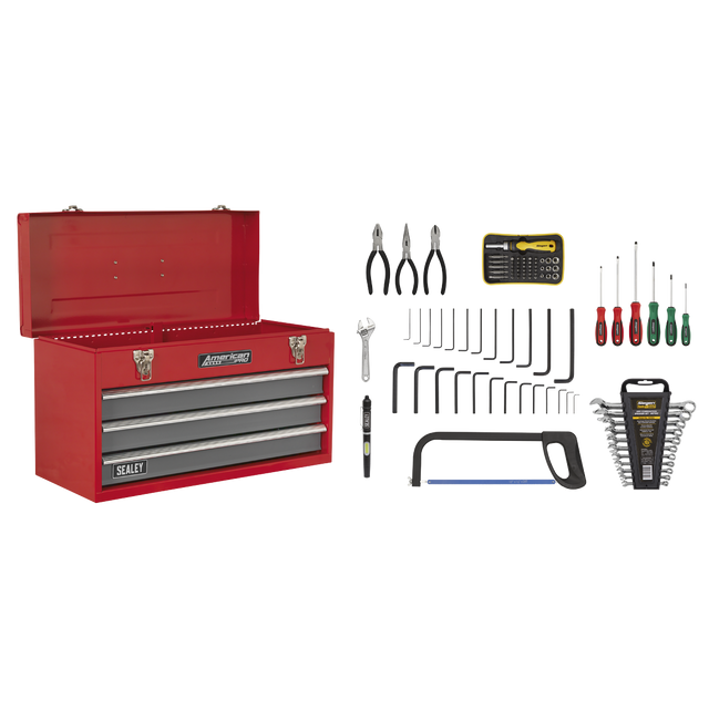 Portable Tool Chest 3 Drawer with Ball-Bearing Slides - Red/Grey & 93pc Tool Kit - AP9243BBCOMBO - Farming Parts