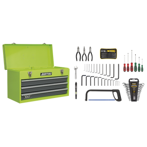 Portable Tool Chest 3 Drawer with Ball-Bearing Slides - Hi-Vis & 93pc Tool Kit - AP9243BBHVCOM - Farming Parts