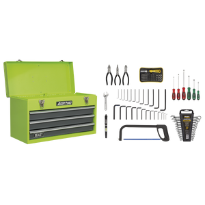 Portable Tool Chest 3 Drawer with Ball-Bearing Slides - Hi-Vis & 93pc Tool Kit - AP9243BBHVCOM - Farming Parts