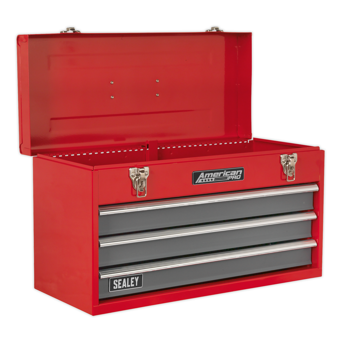 A Sealey Tool Chest 3 Drawer Portable with Ball-Bearing Slides in red and gray (model AP9243BB) with an open lid, featuring three drawers and a top compartment labeled "American PRO" on the front, offering ample storage capacity for your tools.