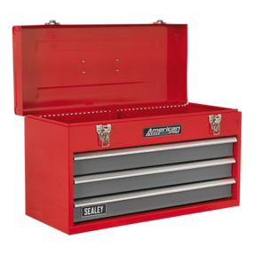 A Sealey Tool Chest 3 Drawer Portable with Ball-Bearing Slides in red and gray (model AP9243BB) with an open lid, featuring three drawers and a top compartment labeled "American PRO" on the front, offering ample storage capacity for your tools.