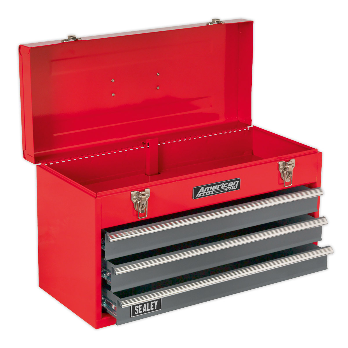 Presenting the Sealey Tool Chest 3 Drawer Portable with Ball-Bearing Slides - Red/Grey - AP9243BB, featuring an open lid and proudly displaying the Sealey logo on the front, this tool chest boasts an impressive storage capacity.