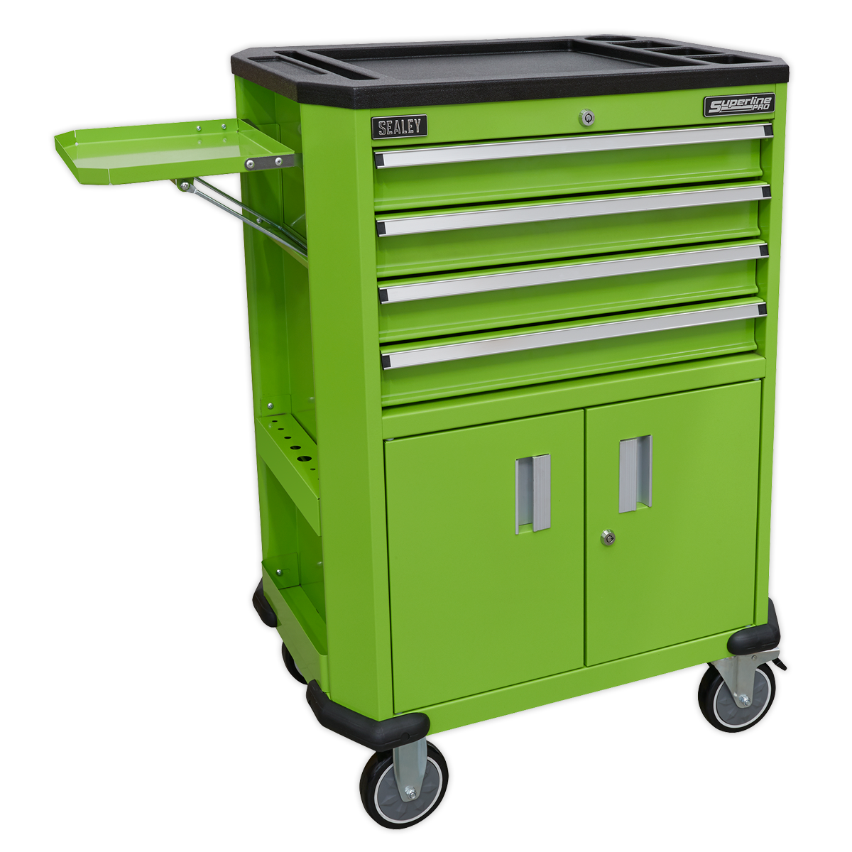 The Sealey Tool Trolley with 4 Drawers & 2 Door Cupboard - AP980MTHV, featuring a side shelf and two lower cabinet doors, serves as the perfect tool storage solution for your workshop trolley.