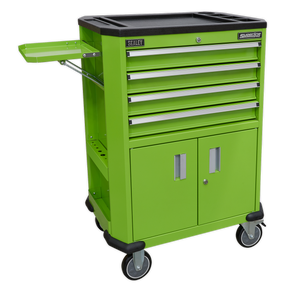 The Sealey Tool Trolley with 4 Drawers & 2 Door Cupboard - AP980MTHV, featuring a side shelf and two lower cabinet doors, serves as the perfect tool storage solution for your workshop trolley.