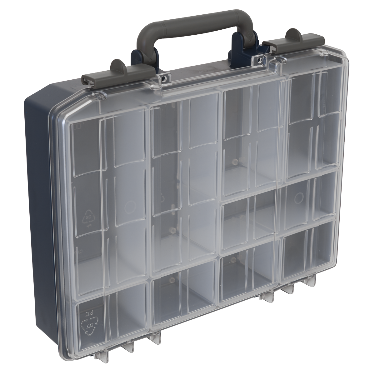 The Sealey Professional Large Compartment Case - APAS10RC features a transparent lid, multiple compartments including removable ones, and a gray handle for easy carrying.