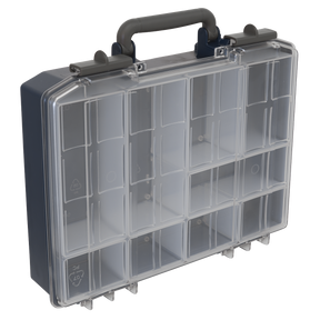 The Sealey Professional Large Compartment Case - APAS10RC features a transparent lid, multiple compartments including removable ones, and a gray handle for easy carrying.