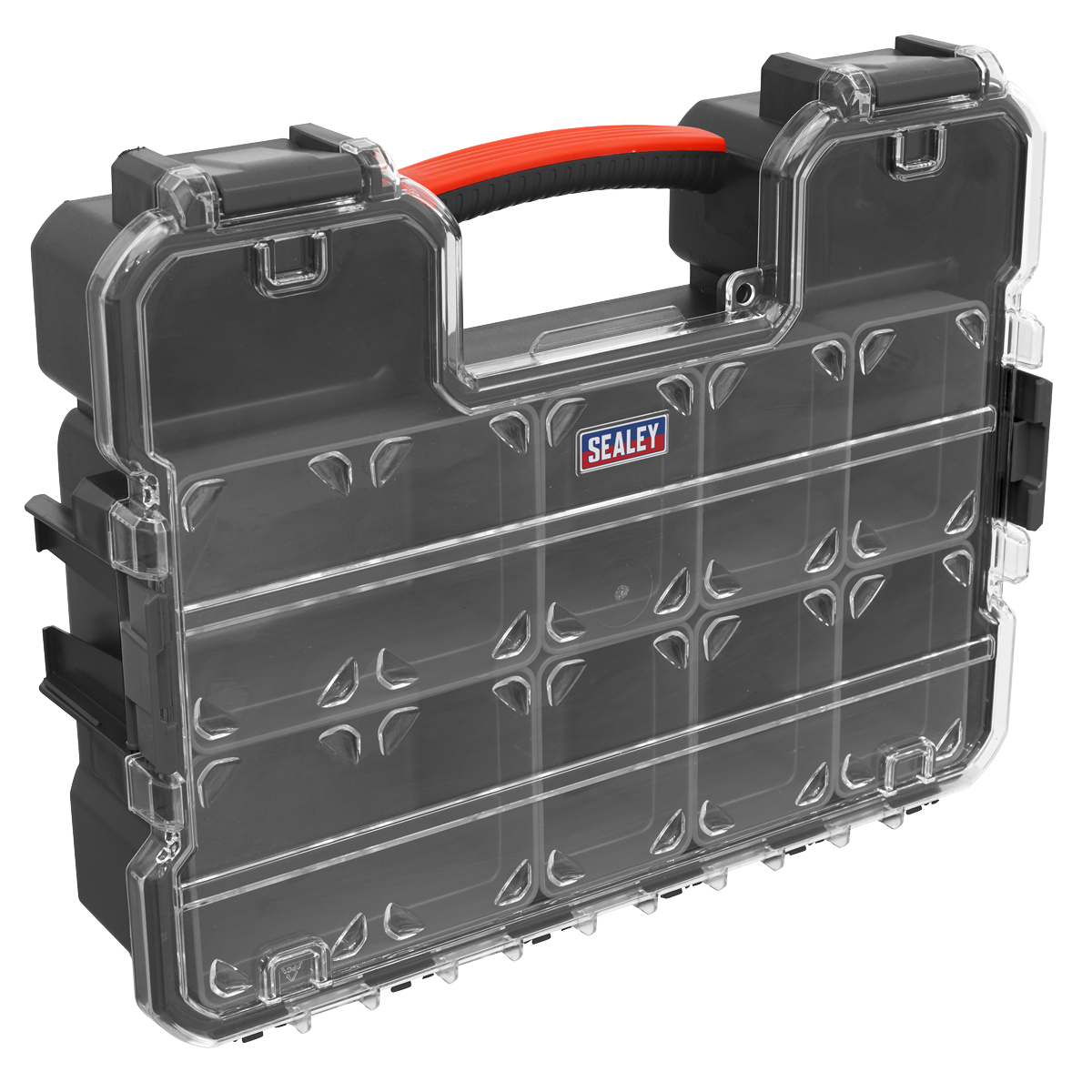 The Sealey Parts Storage Case with Fixed & Removable Compartments (model APAS10R) is a black and transparent storage solution featuring a red handle. It includes a clear lid, multiple removable compartments, and latches for securing the lid.