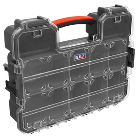 The Sealey Parts Storage Case with Fixed & Removable Compartments (model APAS10R) is a black and transparent storage solution featuring a red handle. It includes a clear lid, multiple removable compartments, and latches for securing the lid.