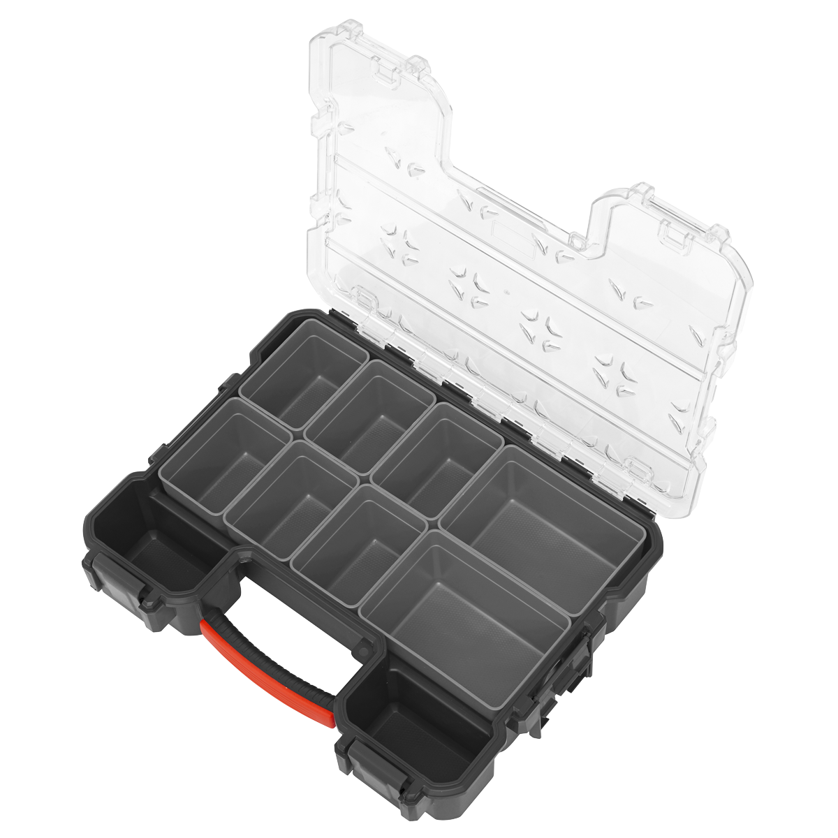 A Sealey Parts Storage Case with Fixed & Removable Compartments (APAS10R) in black plastic featuring multiple removable compartments and a clear lid, partially open.