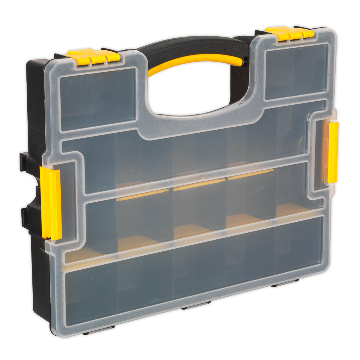 The Parts Storage Case with Removable Compartments - Stackable - APAS15A by Sealey features a polypropylene build with a transparent lid, black body, and yellow clasps and handle. The case includes multiple compartments inside and robust locking clips for added security.