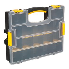 The Parts Storage Case with Removable Compartments - Stackable - APAS15A by Sealey features a polypropylene build with a transparent lid, black body, and yellow clasps and handle. The case includes multiple compartments inside and robust locking clips for added security.