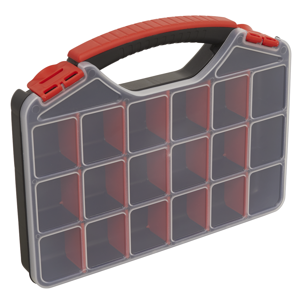 The Sealey Assortment Case 20 Compartment - Small - APAS16C features a black and red handle and includes 16 transparent compartments for organizing small items.