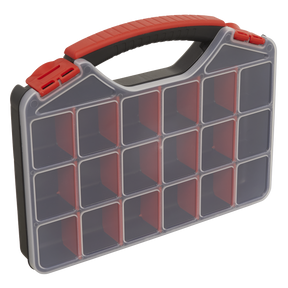 The Sealey Assortment Case 20 Compartment - Small - APAS16C features a black and red handle and includes 16 transparent compartments for organizing small items.