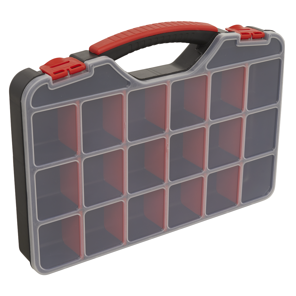 The Sealey Assortment Case 20 Compartment - APAS18C, featuring a red handle and latches, is perfect for organizing small items with its twenty individual storage compartments and a clear lid for easy visibility.