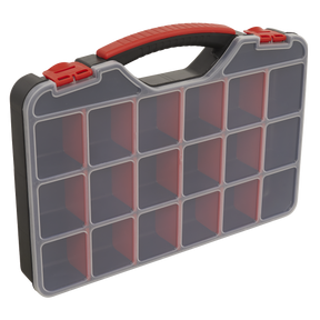 The Sealey Assortment Case 20 Compartment - APAS18C, featuring a red handle and latches, is perfect for organizing small items with its twenty individual storage compartments and a clear lid for easy visibility.