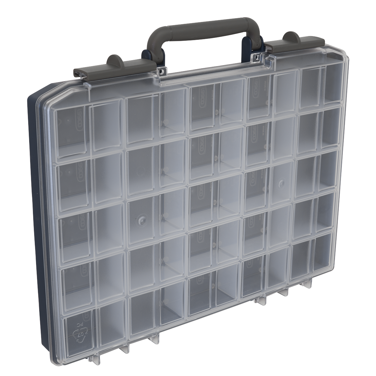 The Sealey Professional Medium Compartment Case - APAS25R is a transparent, rectangular plastic organizer case with a handle, featuring multiple removable compartments arranged in a grid. This lightweight assortment case offers versatile storage solutions for any need.