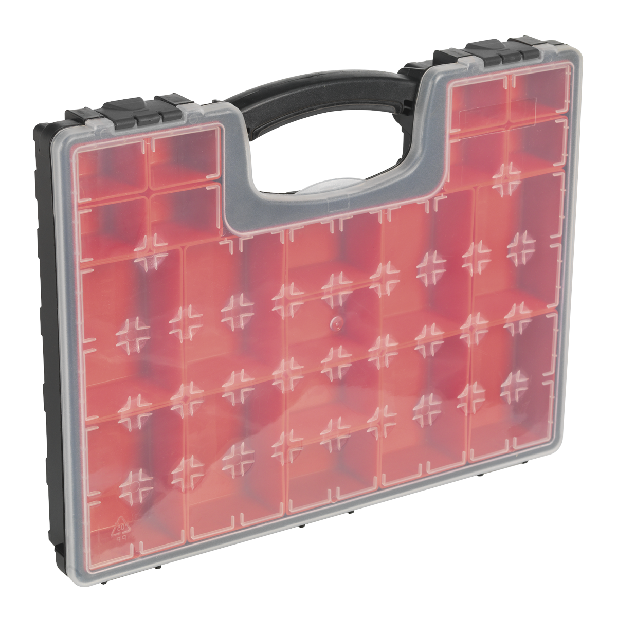 The Sealey Parts Storage Case with 20 Removable Compartments - APAS2R is an impact-resistant plastic carrying case featuring a clear front, red interior, black handle, and multiple compartments including removable plastic storage bins for organized storage.