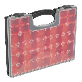 The Sealey Parts Storage Case with 20 Removable Compartments - APAS2R is an impact-resistant plastic carrying case featuring a clear front, red interior, black handle, and multiple compartments including removable plastic storage bins for organized storage.