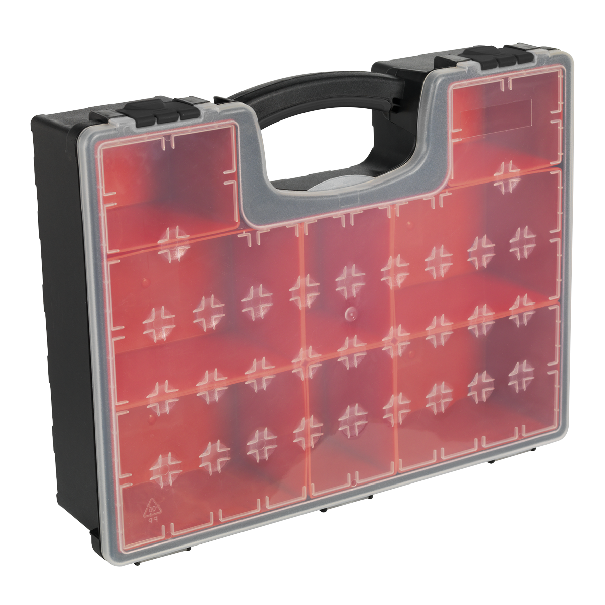 The Sealey Parts Storage Case with 8 Removable Compartments - APAS3R is a robust red and black plastic organizer featuring a handle and a grid of small compartments on the front.