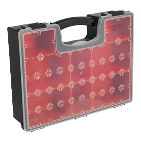 The Sealey Parts Storage Case with 8 Removable Compartments - APAS3R is a robust red and black plastic organizer featuring a handle and a grid of small compartments on the front.
