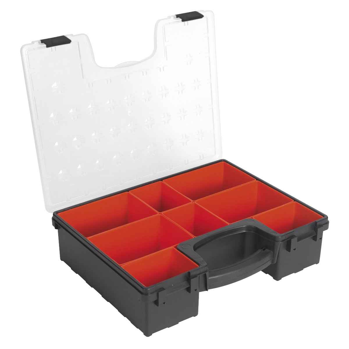 The Sealey APAS3R Parts Storage Case features a durable design, a transparent lid, and eight removable orange compartments, making it ideal for organizing small items.