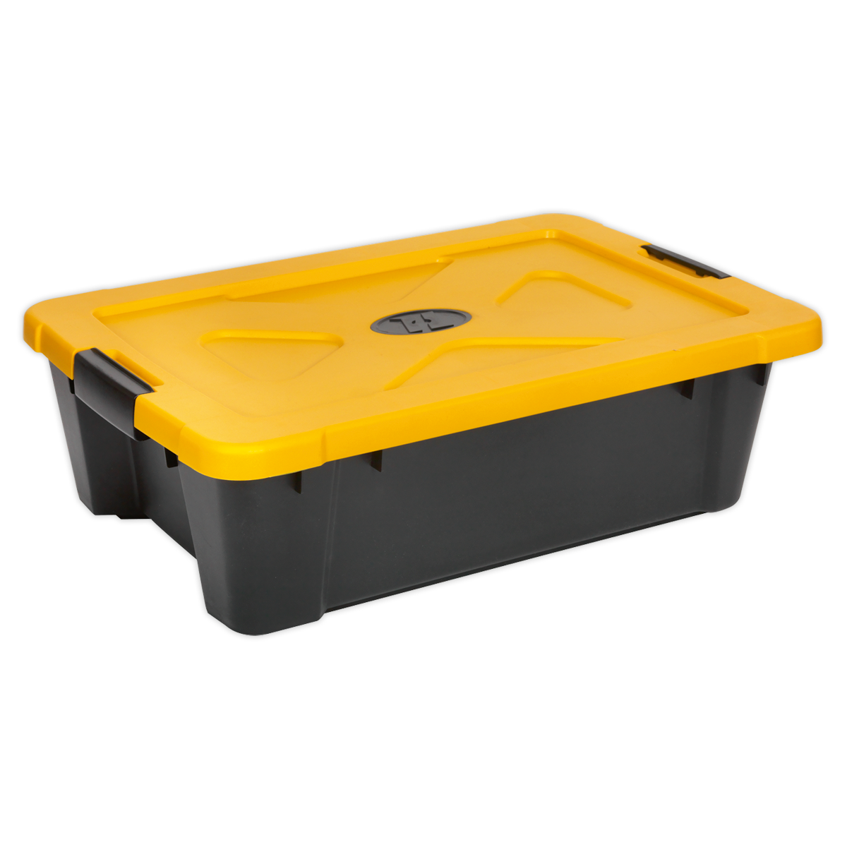 The Sealey Composite Stackable Storage Box with Lid 27L - APB27 showcases a robust construction and includes a black base and a yellow lid. It features two snap-lock handles on the sides for secure closure.