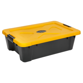The Sealey Composite Stackable Storage Box with Lid 27L - APB27 showcases a robust construction and includes a black base and a yellow lid. It features two snap-lock handles on the sides for secure closure.
