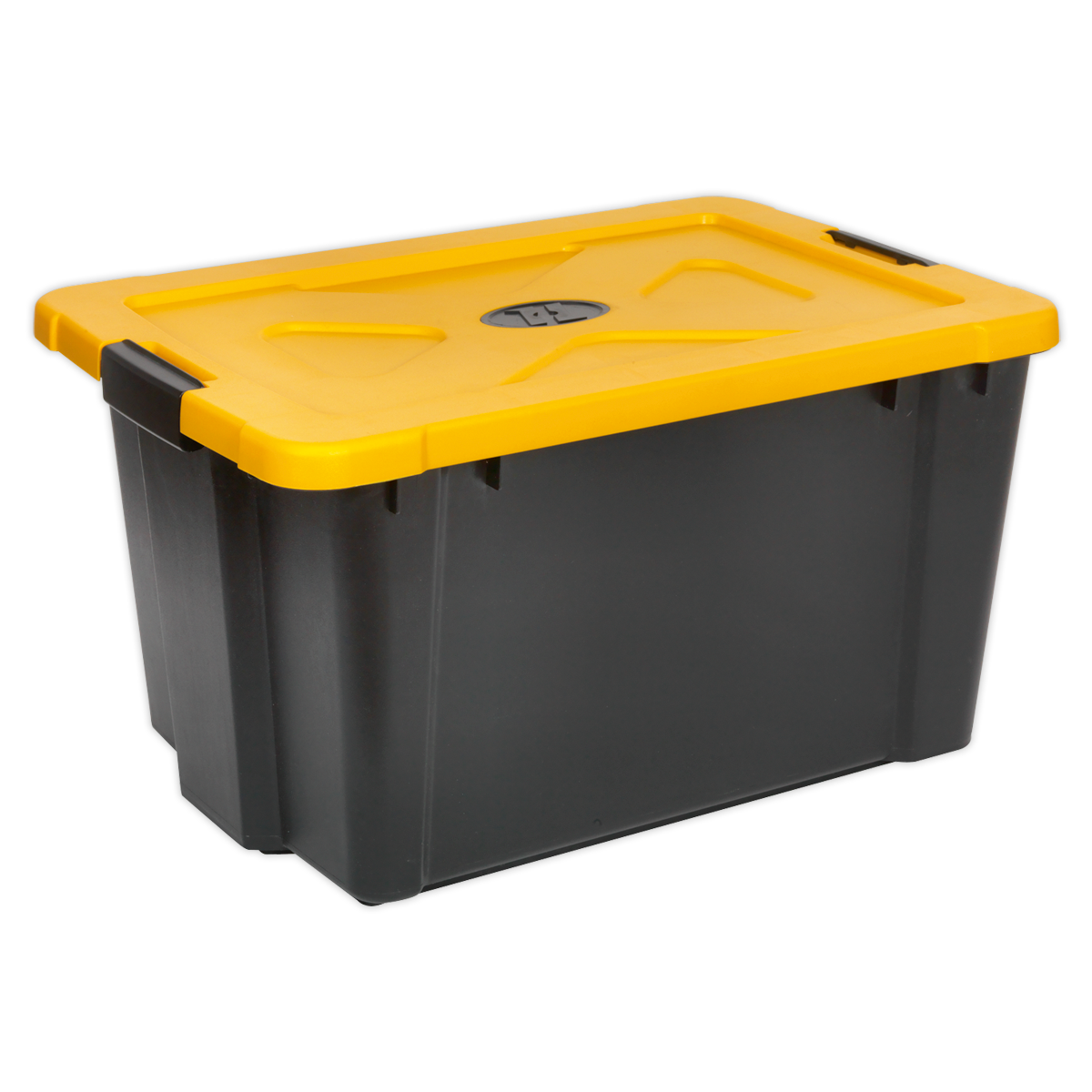 The Sealey Composite Stackable Storage Box with Lid 54L - APB54 is a black plastic container featuring robust construction, a yellow lid, and built-in snap-lock handles on each side.