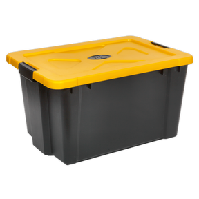 The Sealey Composite Stackable Storage Box with Lid 54L - APB54 is a black plastic container featuring robust construction, a yellow lid, and built-in snap-lock handles on each side.