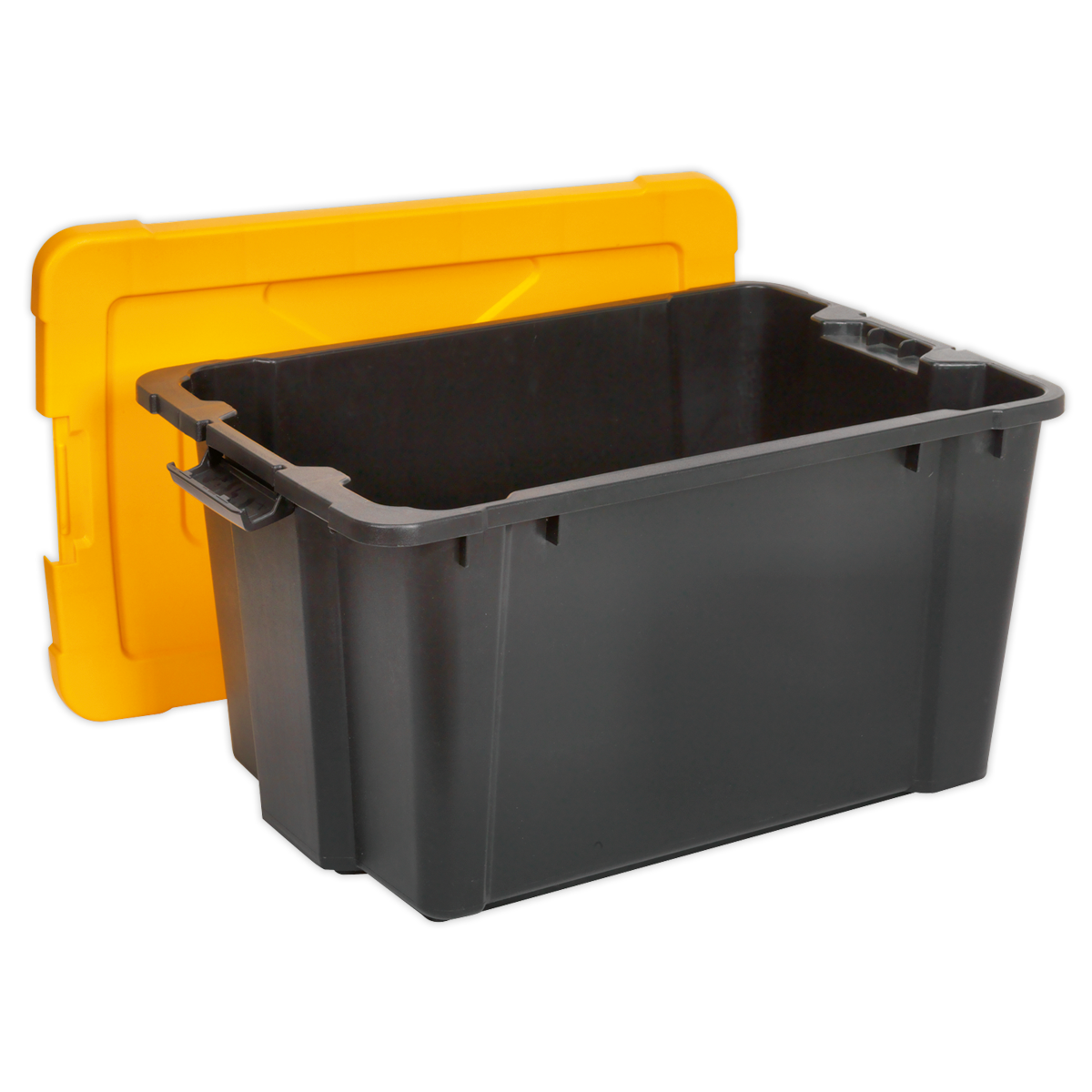 The Sealey Composite Stackable Storage Box with Lid 54L - APB54 is a black plastic storage solution that comes with an open yellow lid positioned behind it. It boasts robust construction and snap-lock handles for secure closure.