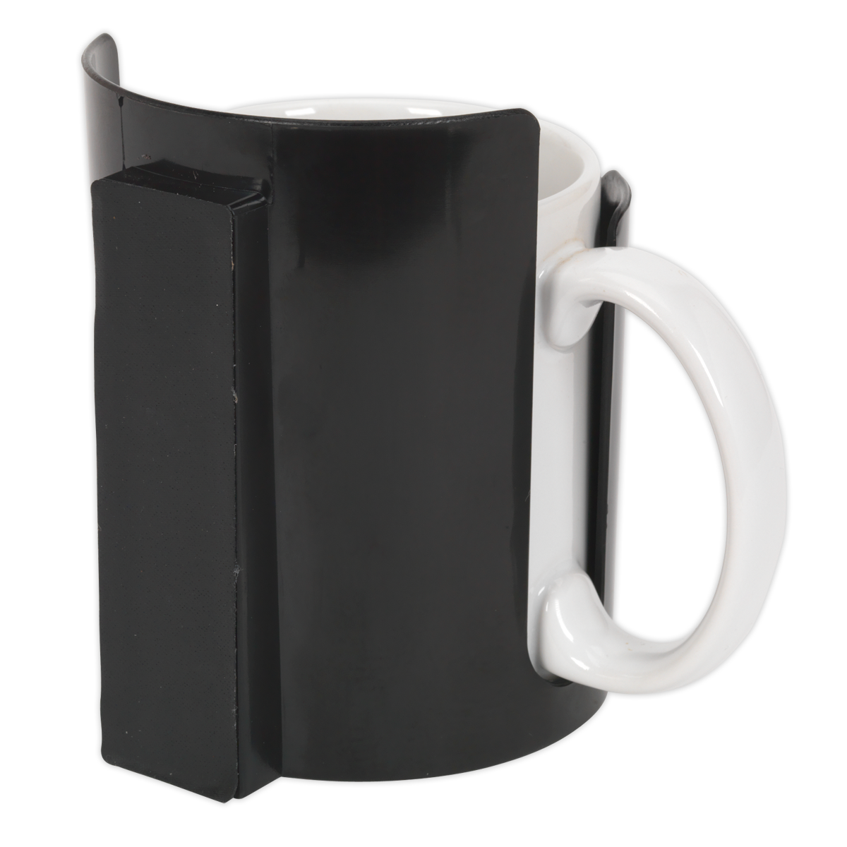 A Sealey Magnetic Cup/Can Holder - Black (APCHB) is a white ceramic mug featuring a durable plastic, box-like outer attachment that partially covers the mug, leaving its handle exposed.