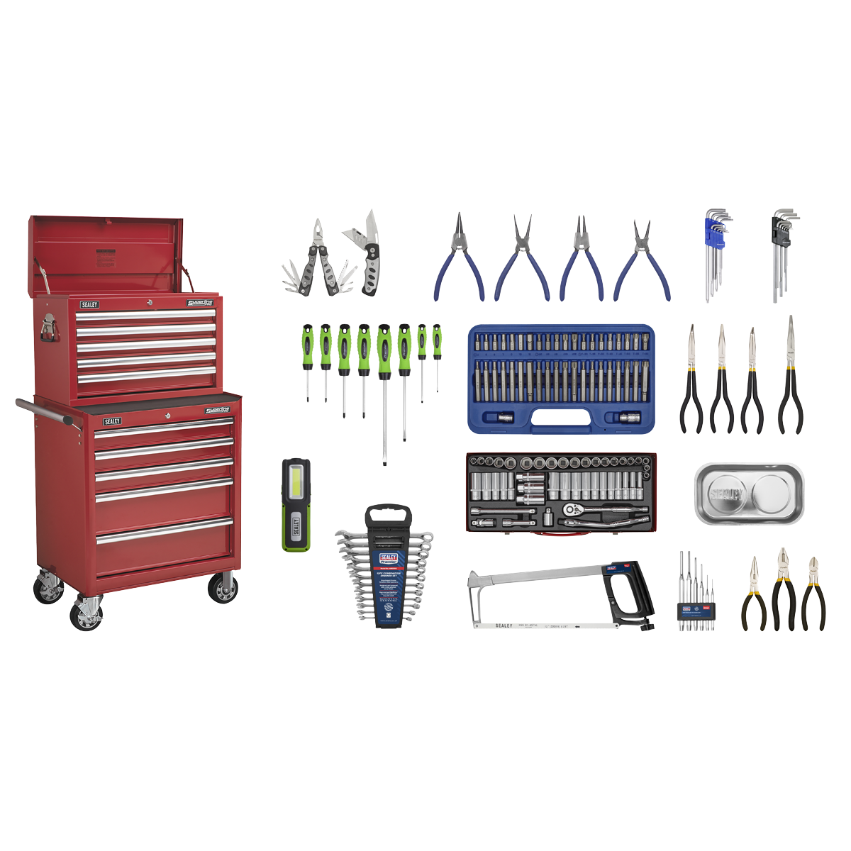 Topchest & Rollcab Combination 10 Drawer with Ball-Bearing Slides - Red & 148pc Tool Kit - APCOMBOBBTK55 - Farming Parts