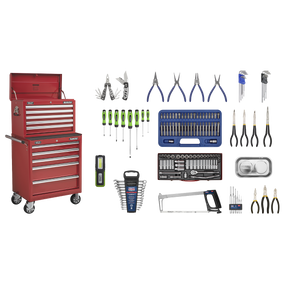 Topchest & Rollcab Combination 10 Drawer with Ball-Bearing Slides - Red & 148pc Tool Kit - APCOMBOBBTK55 - Farming Parts