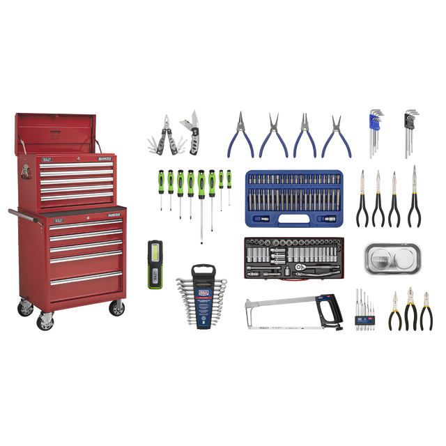 Topchest & Rollcab Combination 10 Drawer with Ball-Bearing Slides - Red & 148pc Tool Kit - APCOMBOBBTK55 - Farming Parts