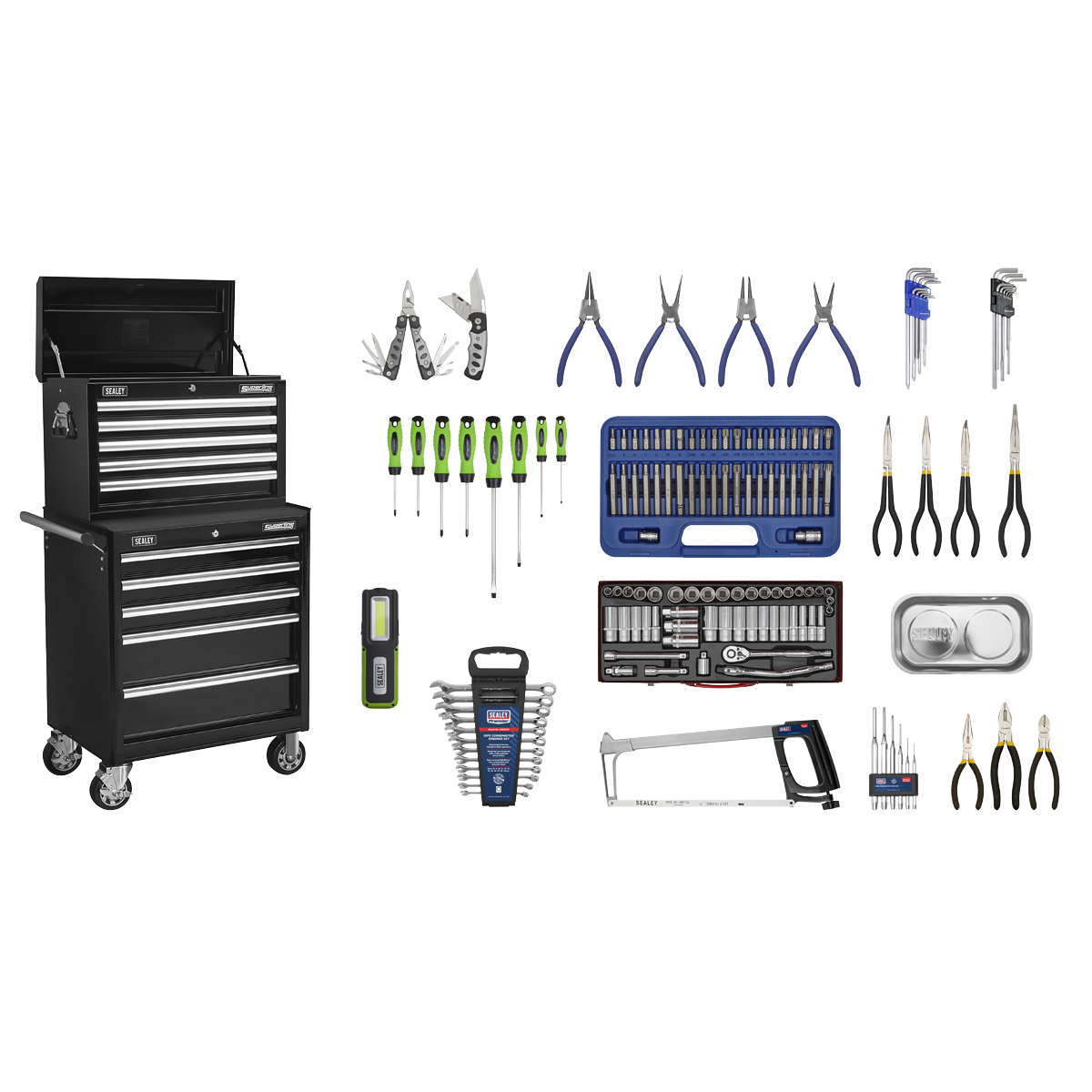 A Sealey Topchest & Rollcab Combination 10 Drawer with Ball-Bearing Slides - Black with 148pc Tool Kit (APCOMBOBBTK56), featuring a rust and solvent resistant powder coat paint finish, is surrounded by tools including pliers, screwdrivers, wrenches, a hacksaw, and a set of precision tools.