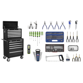 A Sealey Topchest & Rollcab Combination 10 Drawer with Ball-Bearing Slides - Black with 148pc Tool Kit (APCOMBOBBTK56), featuring a rust and solvent resistant powder coat paint finish, is surrounded by tools including pliers, screwdrivers, wrenches, a hacksaw, and a set of precision tools.