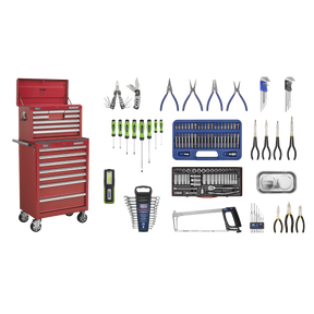 Topchest & Rollcab Combination 15 Drawer with Ball-Bearing Slides - Red & 147pc Tool Kit - APCOMBOBBTK57 - Farming Parts