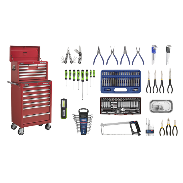 Topchest & Rollcab Combination 15 Drawer with Ball-Bearing Slides - Red & 147pc Tool Kit - APCOMBOBBTK57 - Farming Parts